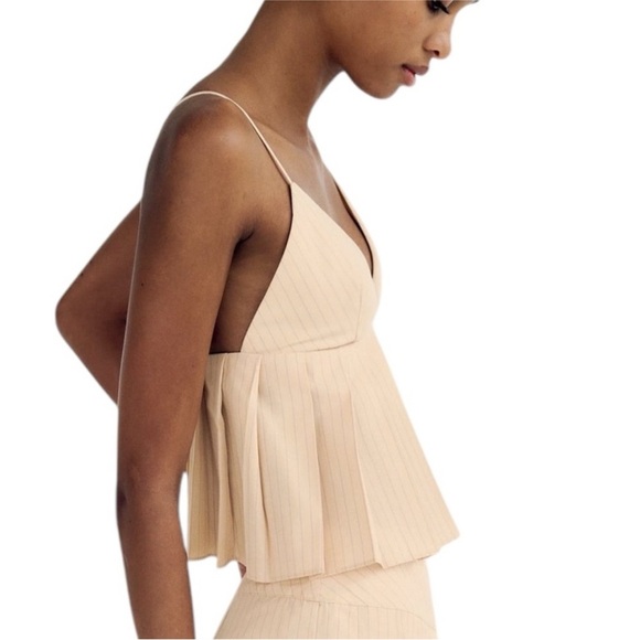NWT Zara Striped Print Pleated Cropped Peplum Babydoll Cami Top - Picture 2 of 8